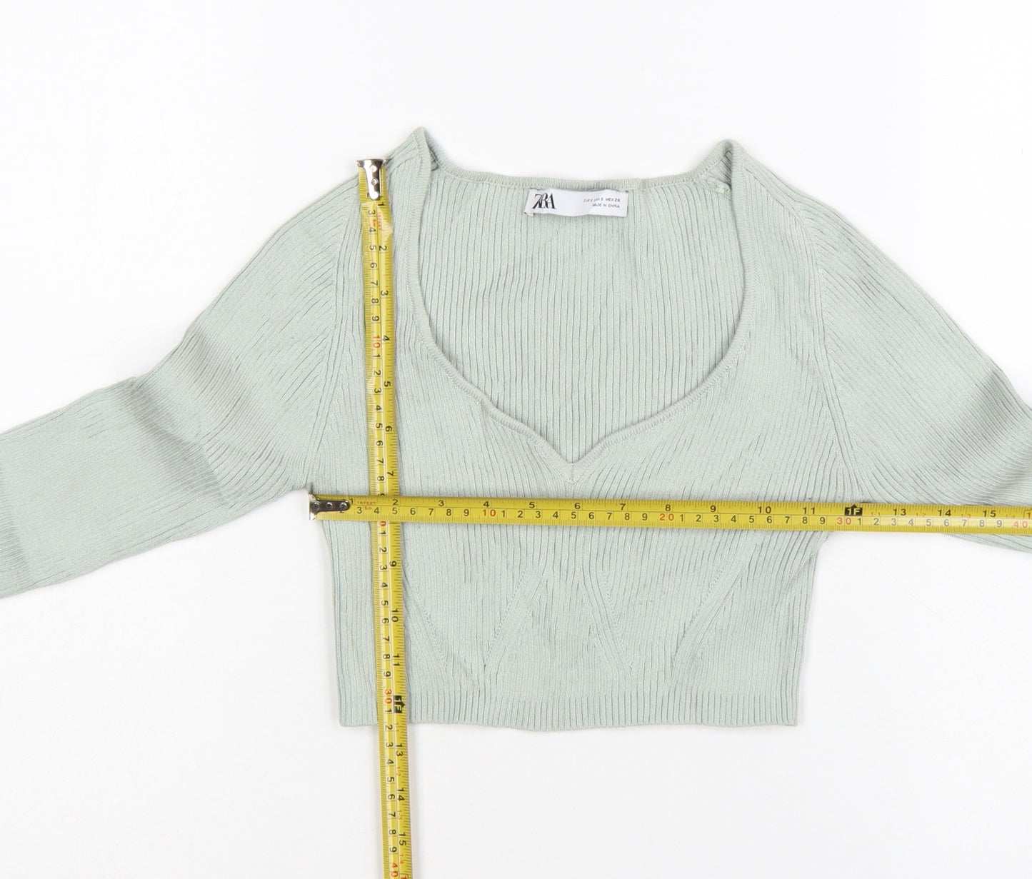 Zara Women Green V-Neck Ribbed Knit Long Sleeve Cropped Jumper S