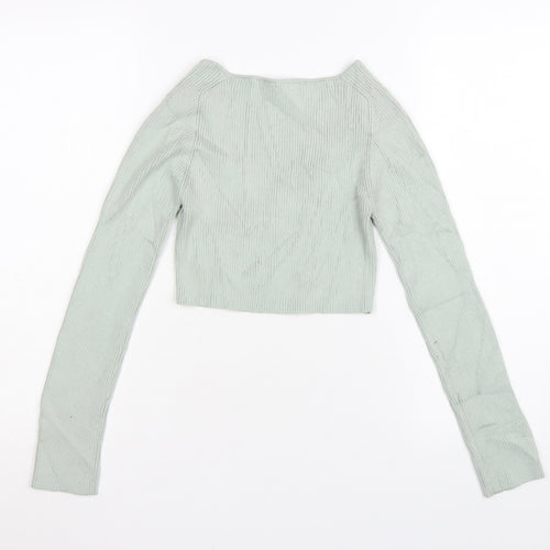 Zara Women Green V-Neck Ribbed Knit Long Sleeve Cropped Jumper S