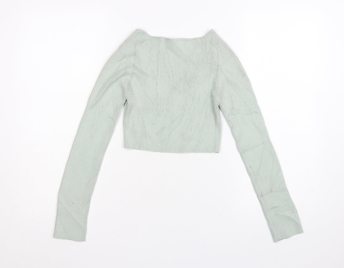 Zara Women Green V-Neck Ribbed Knit Long Sleeve Cropped Jumper S