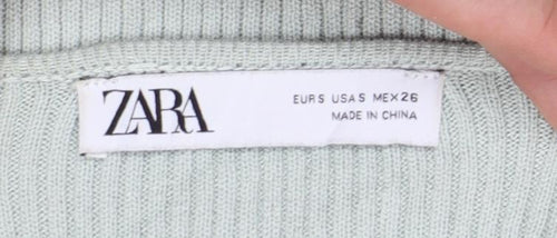Zara Women Green V-Neck Ribbed Knit Long Sleeve Cropped Jumper S