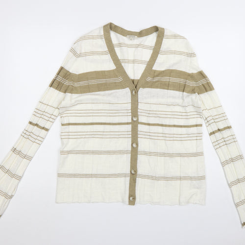 Jigsaw Women’s Beige Striped Linen Cotton V-Neck Cardigan XL