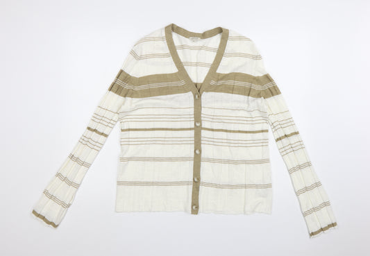 Jigsaw Women’s Beige Striped Linen Cotton V-Neck Cardigan XL