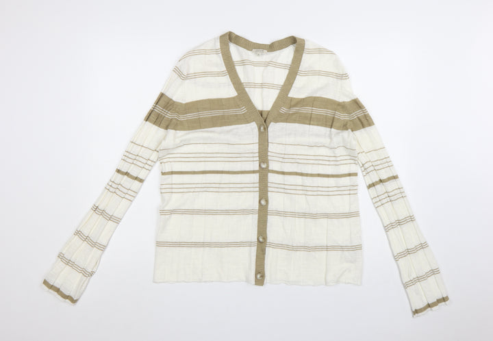 Jigsaw Women’s Beige Striped Linen Cotton V-Neck Cardigan XL
