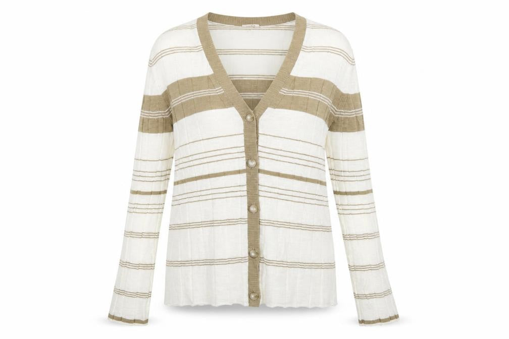 Jigsaw Women’s Beige Striped Linen Cotton V-Neck Cardigan XL