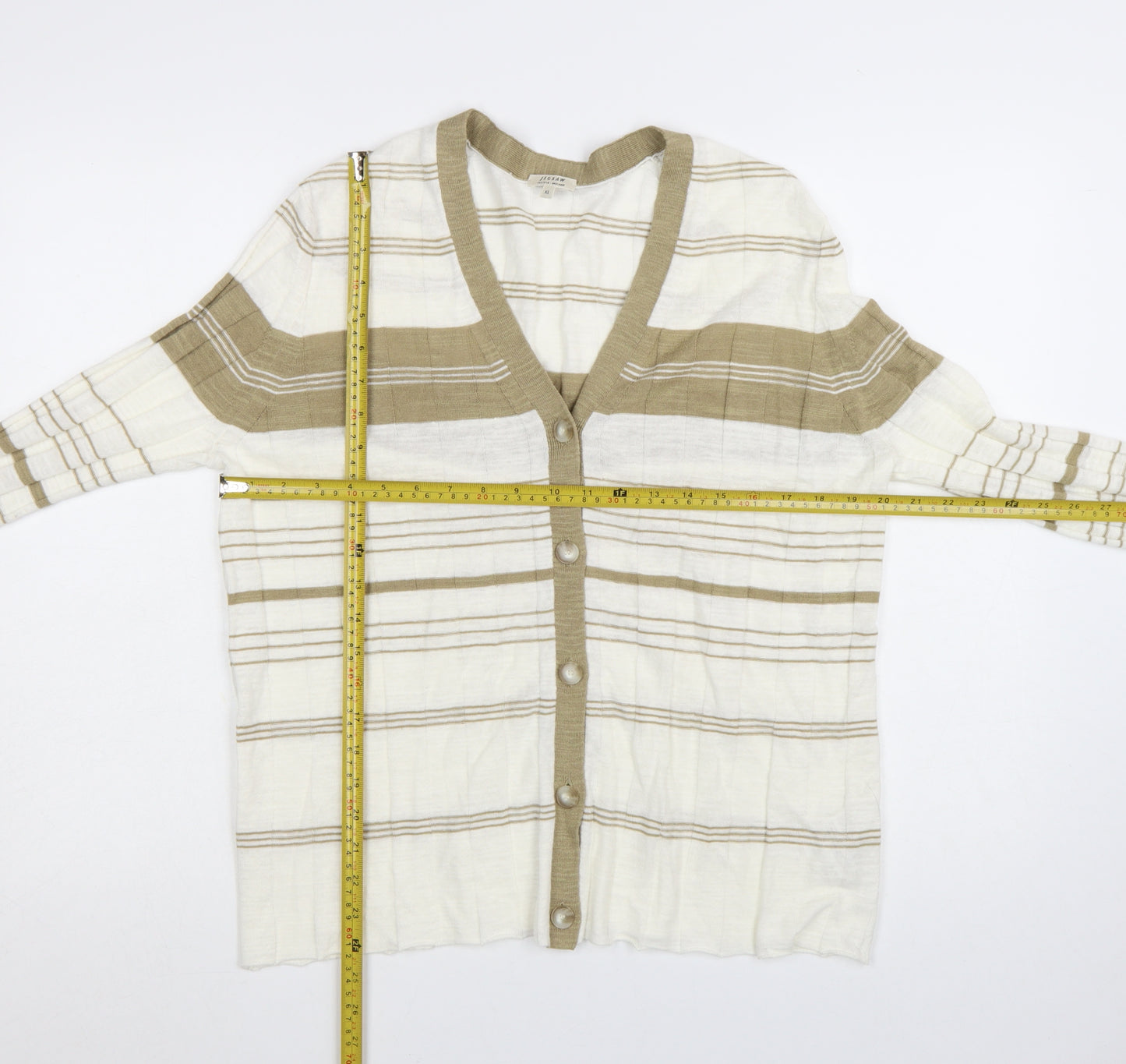 Jigsaw Women’s Beige Striped Linen Cotton V-Neck Cardigan XL