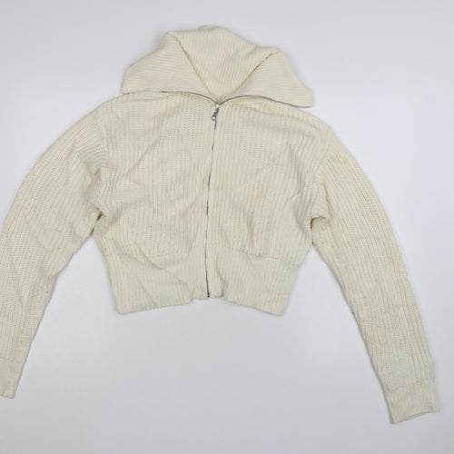 Collusion Womens Ivory Acrylic Chunky Knit Full Zip Jumper UK 8