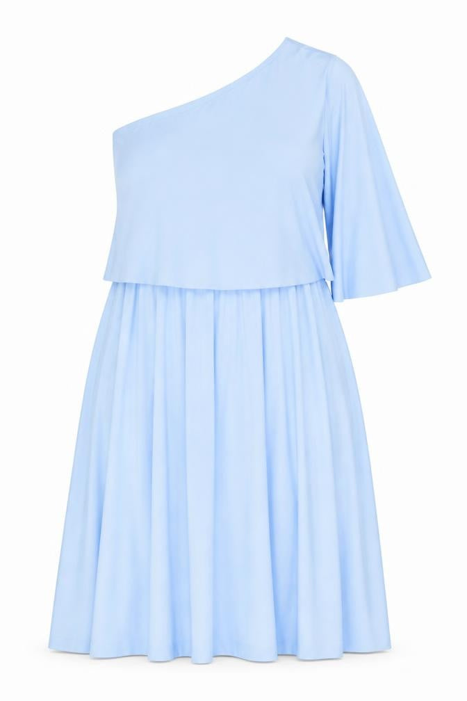 Front view of ASOS Women Blue, size 14, One Shoulder A-Line Dress