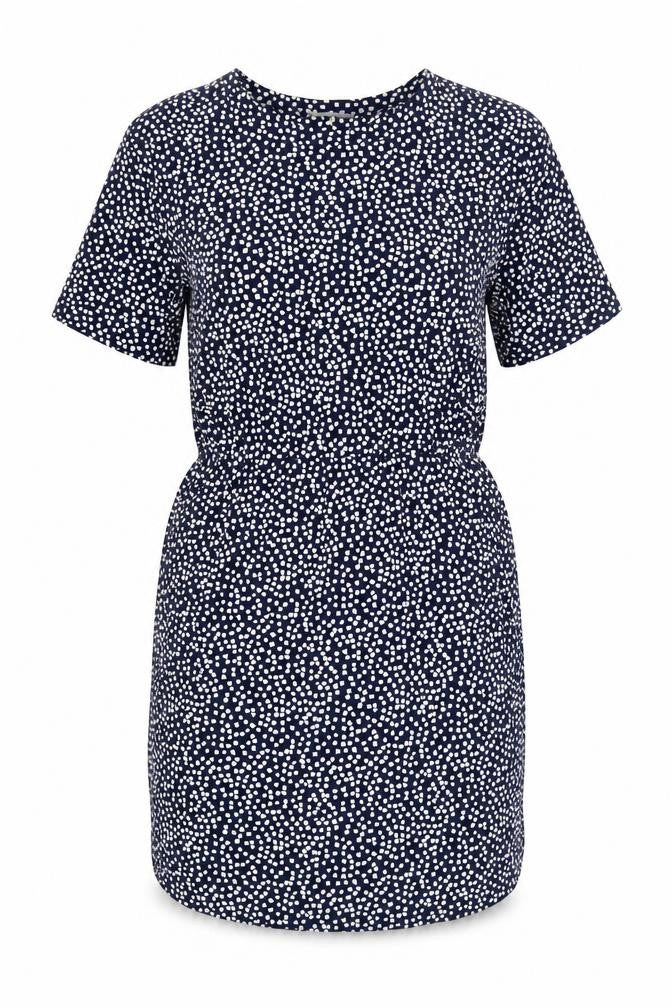 Front view of Warehouse Women Blue Geometric Short Sleeve Shift Dress, size 14