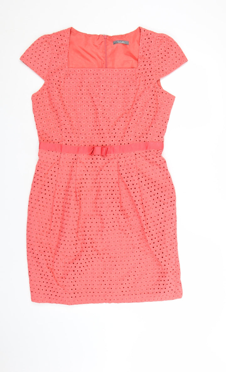 South Women Pink Cotton Belted Eyelet Shift Dress Size 14
