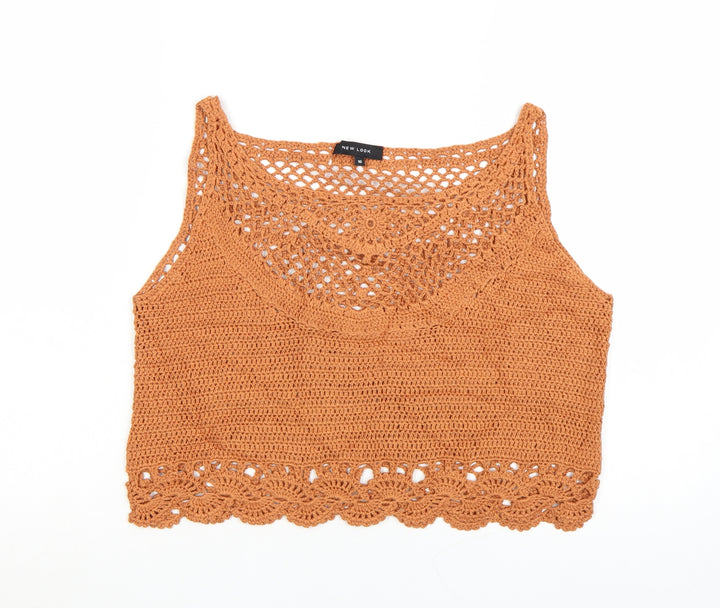 New Look Women Brown Crochet Cotton Cropped Tank Top Size 16
