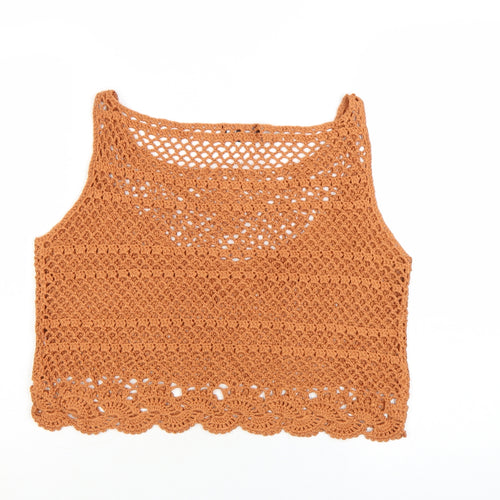 New Look Women Brown Crochet Cotton Cropped Tank Top Size 16
