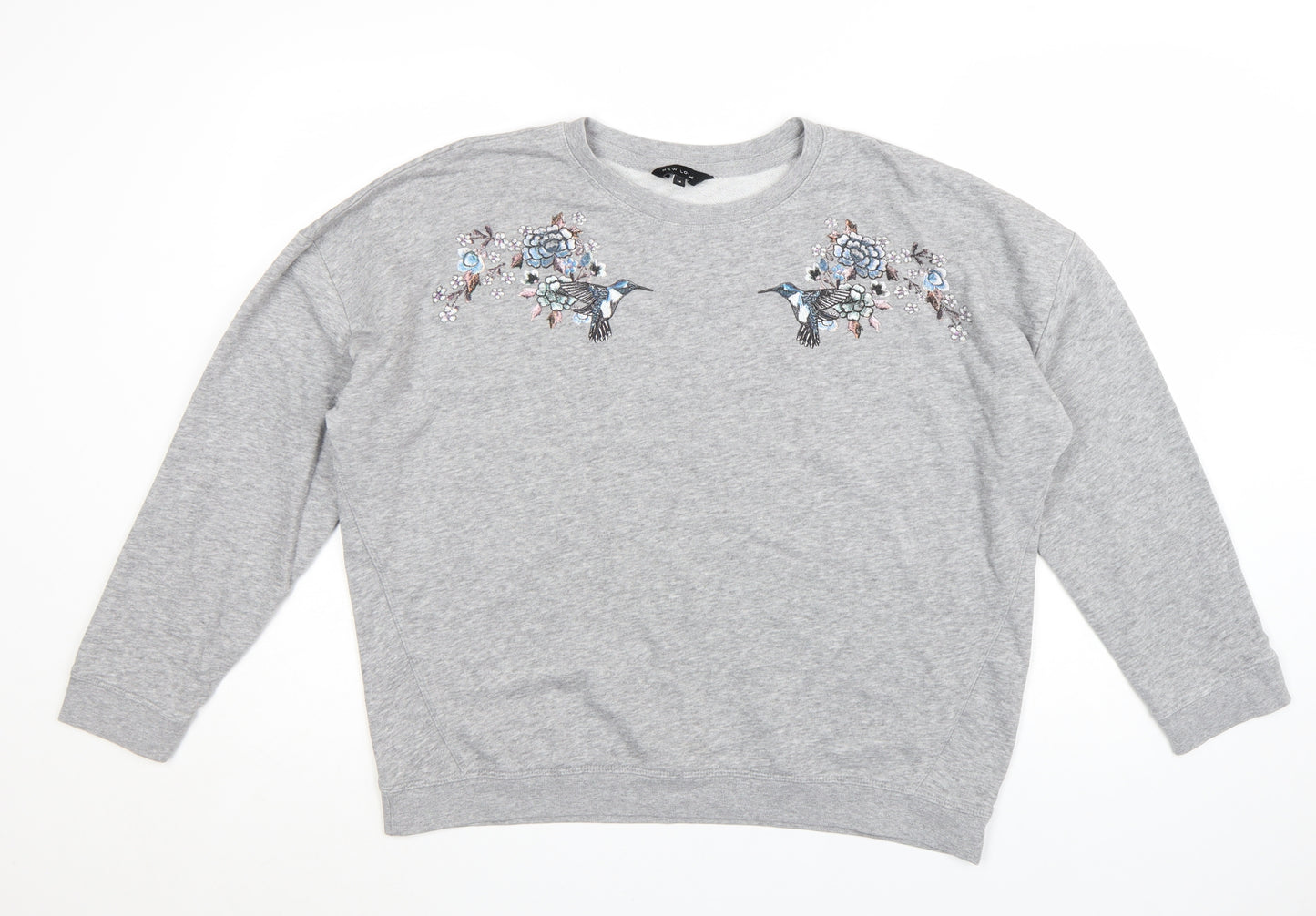 New Look Women's Grey Embroidered Bird Sweatshirt Size 14