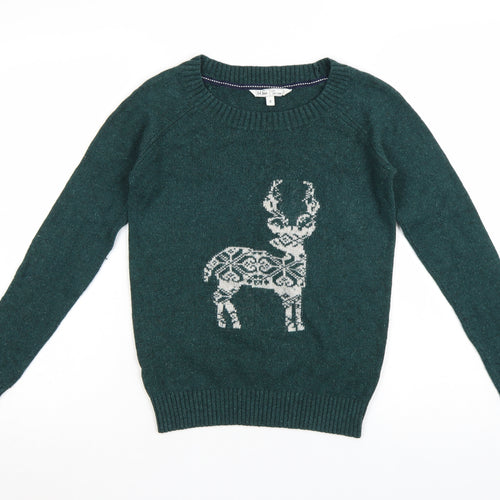 Fat Face Women Green Reindeer Wool Blend Christmas Jumper Size 8