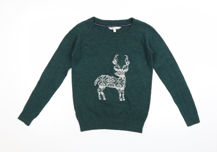 Fat Face Women Green Reindeer Wool Blend Christmas Jumper Size 8