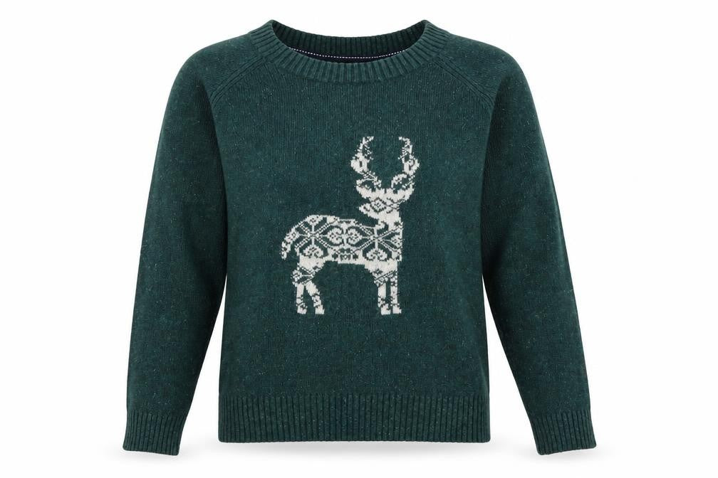 Fat Face Women Green Reindeer Wool Blend Christmas Jumper Size 8