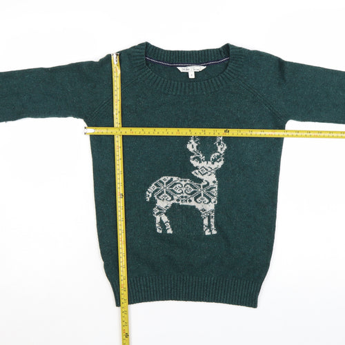Fat Face Women Green Reindeer Wool Blend Christmas Jumper Size 8