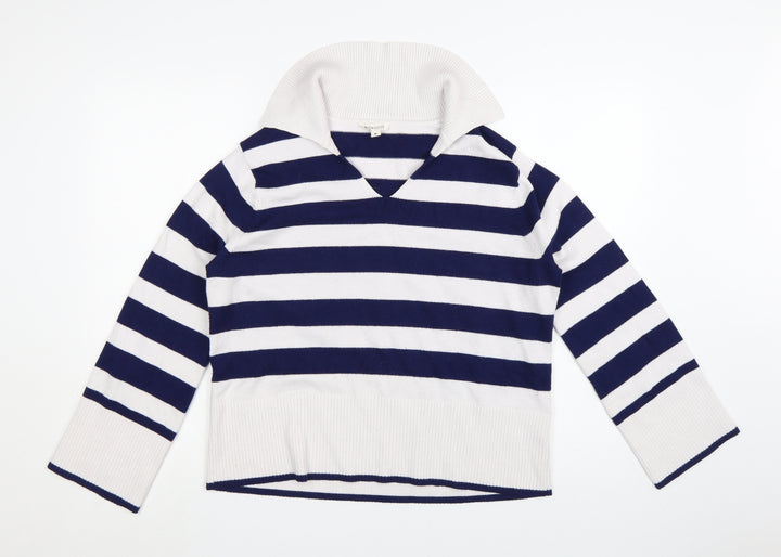 Monsoon Womens Blue White Striped V-Neck Knit Jumper M