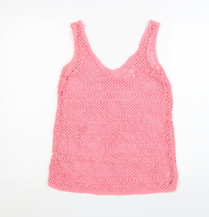 Next Women's Pink Crochet Cotton V-Neck Tank Top Size 8