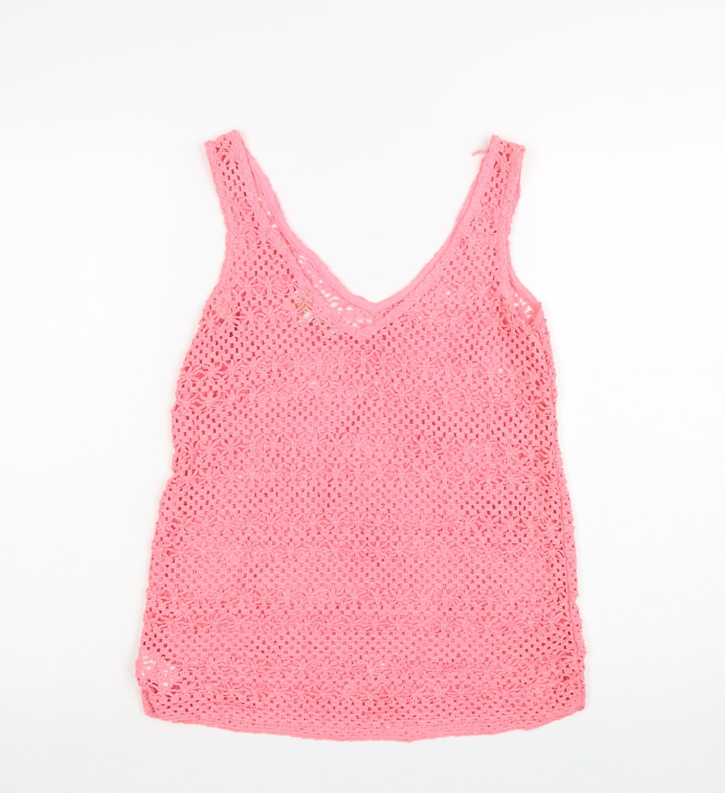 Next Women's Pink Crochet Cotton V-Neck Tank Top Size 8