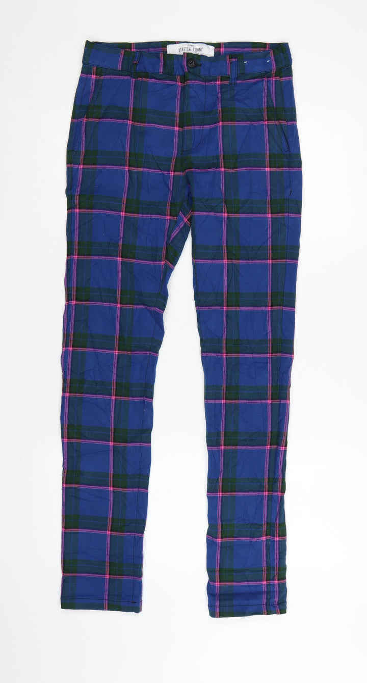 Topman Men's Blue Plaid Stretch Skinny Trousers W30 L32 Cotton Blend