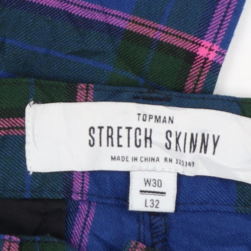 Topman Men's Blue Plaid Stretch Skinny Trousers W30 L32 Cotton Blend
