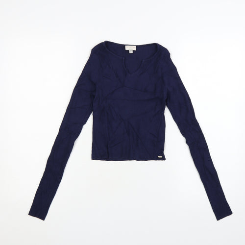 Pull & Bear Teens Blue Cropped Ribbed Long Sleeve V-Neck Top Size 12