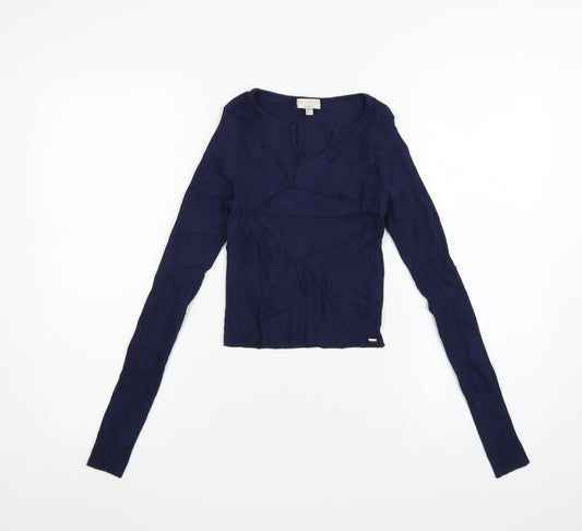 Pull & Bear Teens Blue Cropped Ribbed Long Sleeve V-Neck Top Size 12