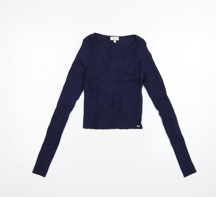 Pull & Bear Teens Blue Cropped Ribbed Long Sleeve V-Neck Top Size 12