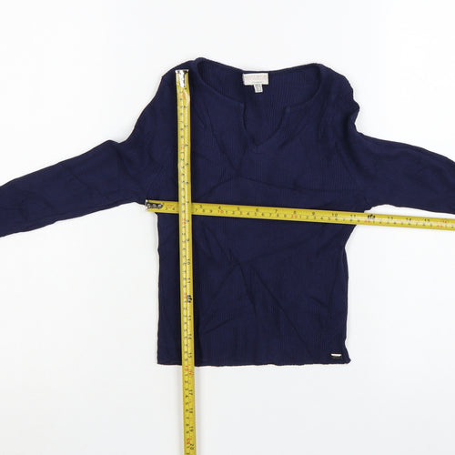 Pull & Bear Teens Blue Cropped Ribbed Long Sleeve V-Neck Top Size 12