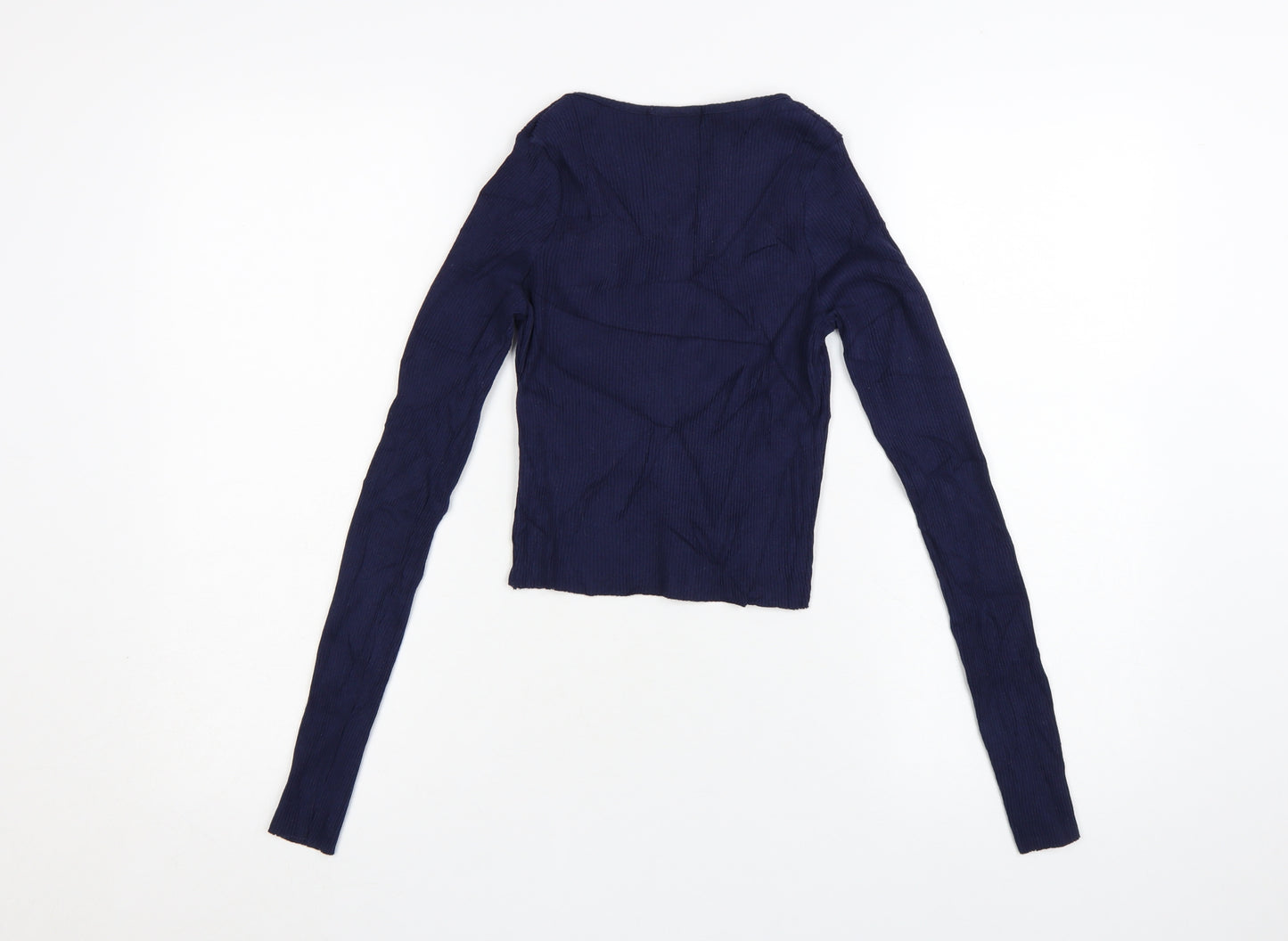 Pull & Bear Teens Blue Cropped Ribbed Long Sleeve V-Neck Top Size 12