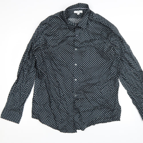Marks and Spencer Men's Blue Geometric Cotton Long Sleeve Shirt XL