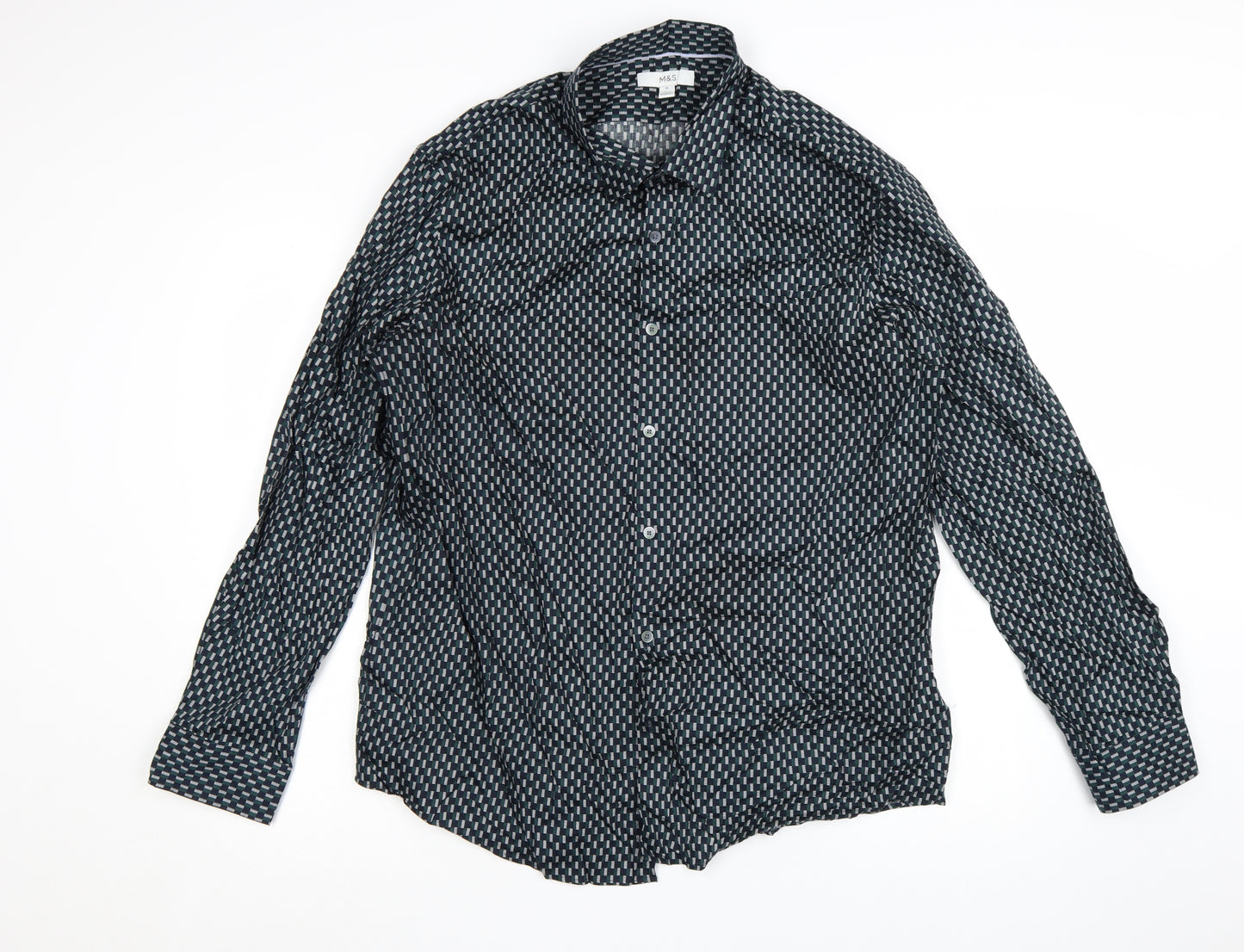Marks and Spencer Men's Blue Geometric Cotton Long Sleeve Shirt XL