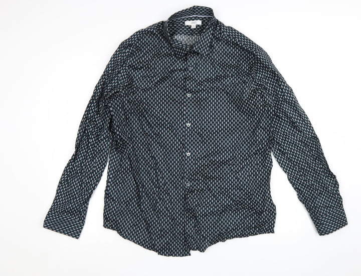 Marks and Spencer Men's Blue Geometric Cotton Long Sleeve Shirt XL
