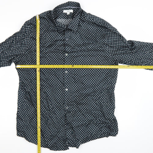 Marks and Spencer Men's Blue Geometric Cotton Long Sleeve Shirt XL