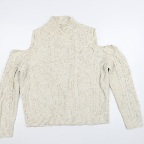 River Island Women Ivory Cold Shoulder Cable-Knit Jumper Size 12