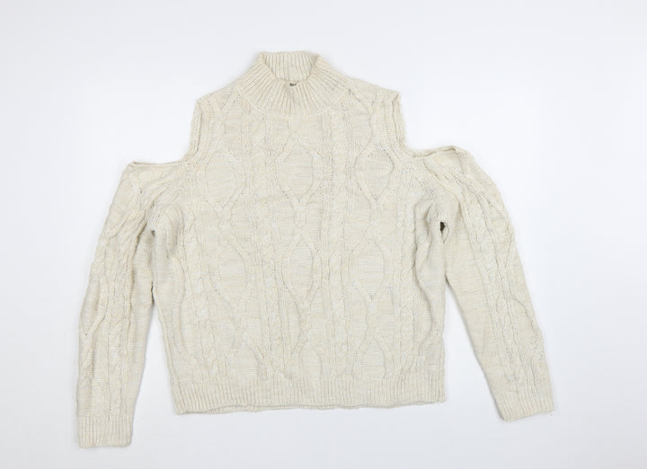 River Island Women Ivory Cold Shoulder Cable-Knit Jumper Size 12