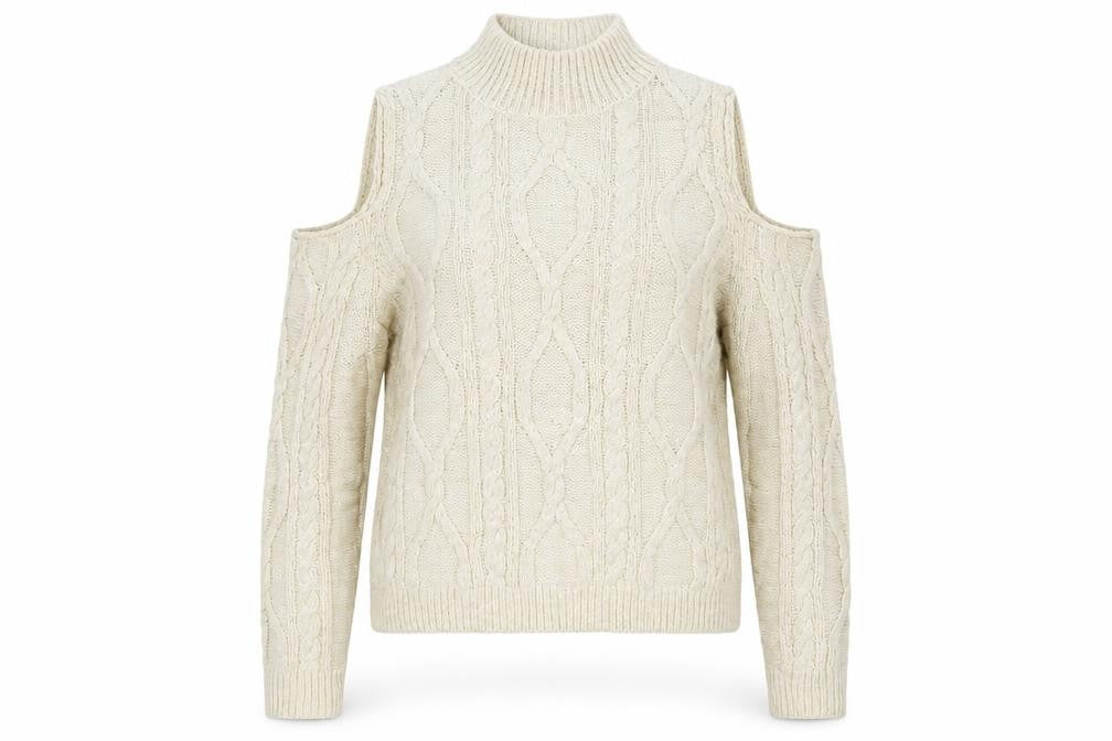 Front view of River Island Women Ivory Cold Shoulder Cable-Knit Jumper, size 12