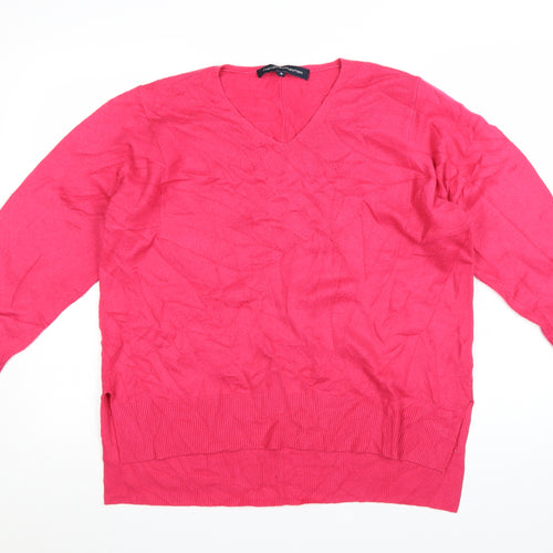 French Connection Women's Pink V-Neck Cotton Jumper Size M