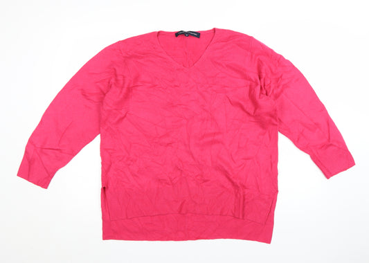 French Connection Women's Pink V-Neck Cotton Jumper Size M
