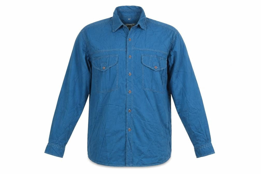 Front view of Latitude 38 Men's Blue Cotton Long Sleeve Button-Up Shirt, size M