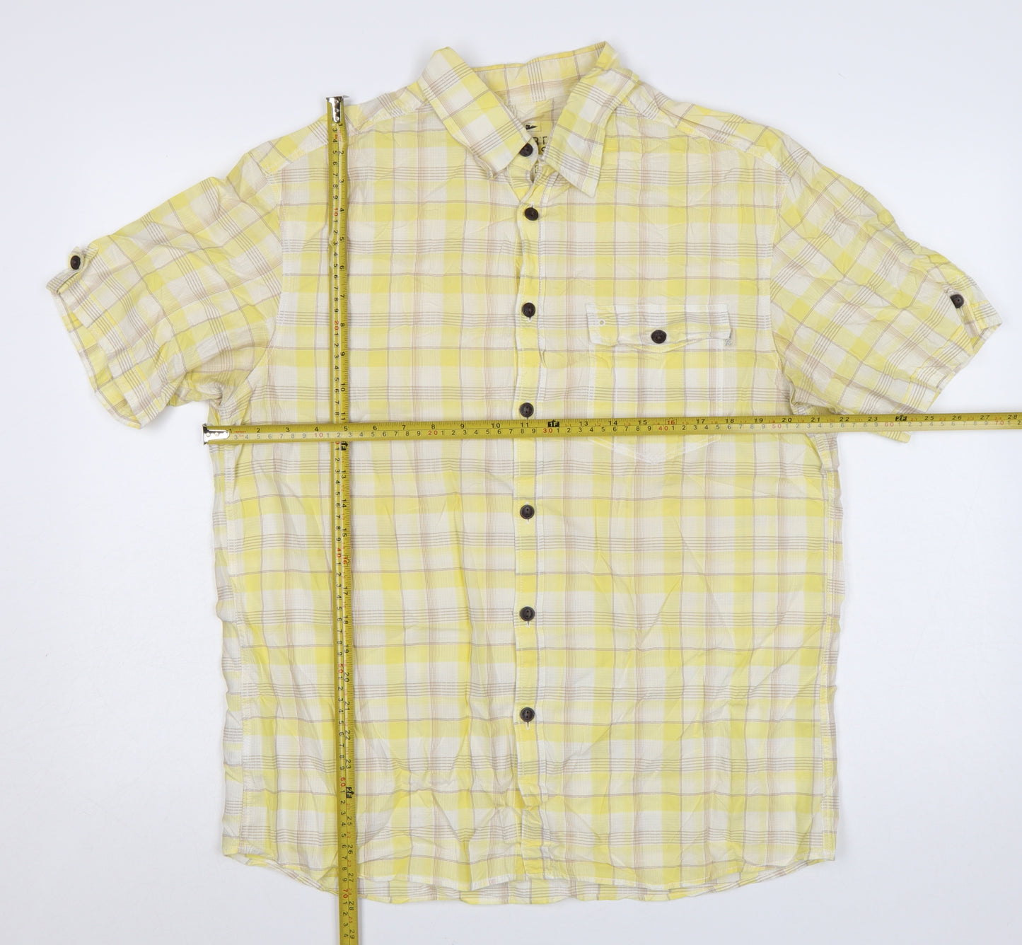 Marks and Spencer Men's Yellow Check Short Sleeve Cotton Shirt M