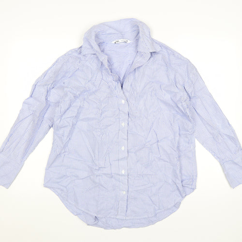 Zara Women Blue Striped Cotton Button-Up Shirt Size S