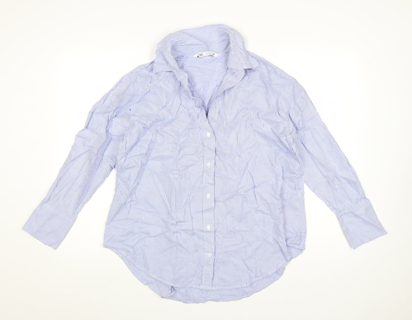 Zara Women Blue Striped Cotton Button-Up Shirt Size S
