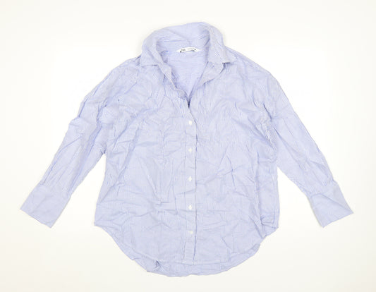 Zara Women Blue Striped Cotton Button-Up Shirt Size S
