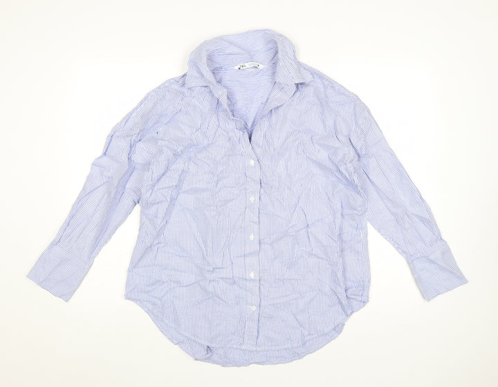 Zara Women Blue Striped Cotton Button-Up Shirt Size S