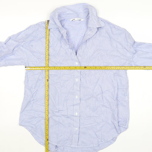 Zara Women Blue Striped Cotton Button-Up Shirt Size S
