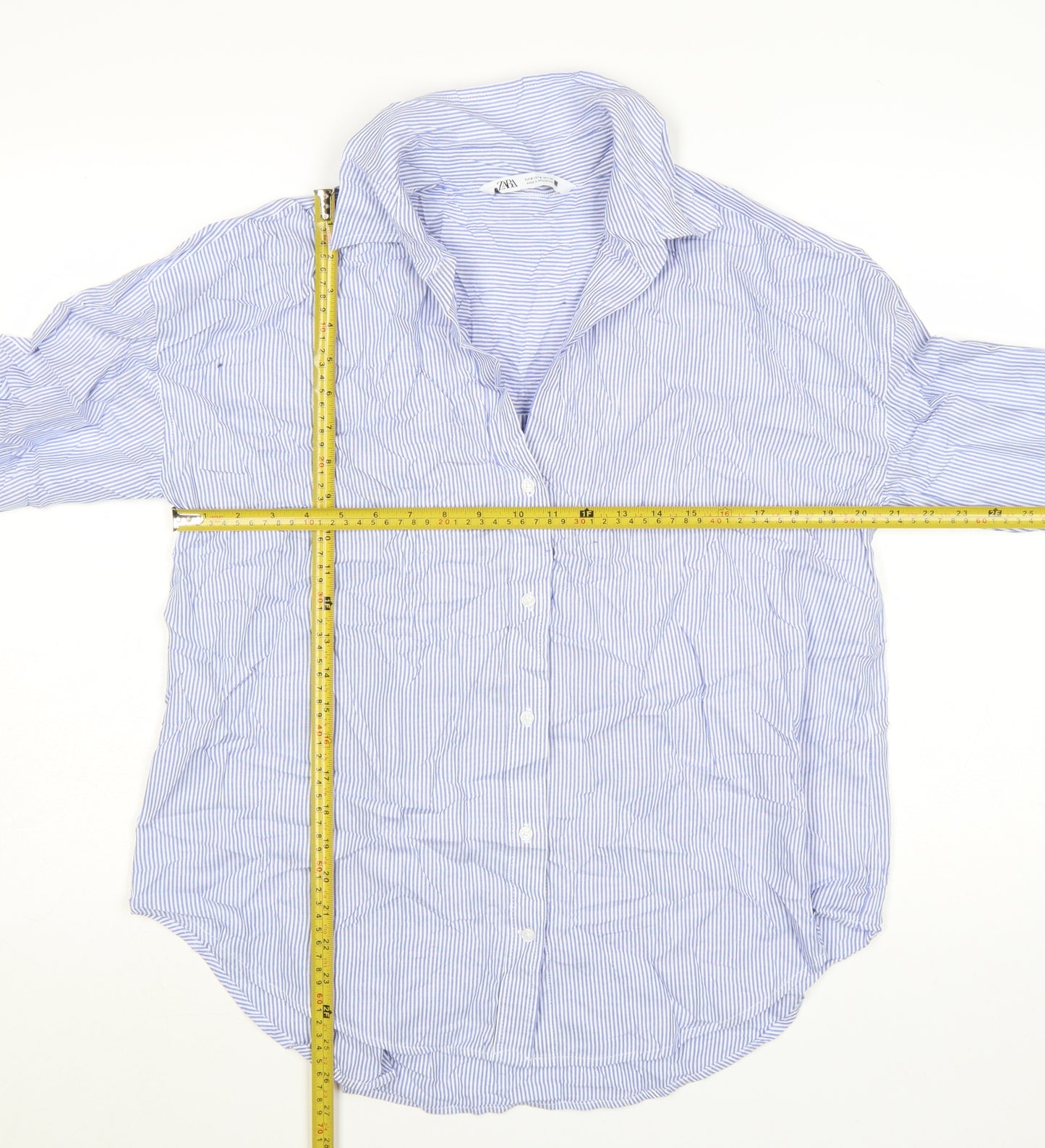 Zara Women Blue Striped Cotton Button-Up Shirt Size S