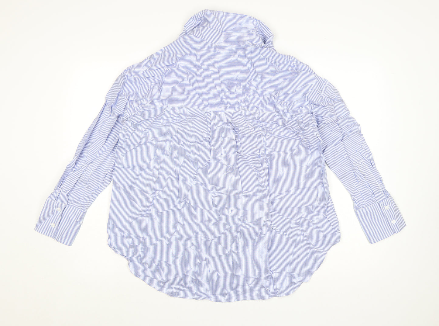 Zara Women Blue Striped Cotton Button-Up Shirt Size S