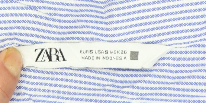 Zara Women Blue Striped Cotton Button-Up Shirt Size S