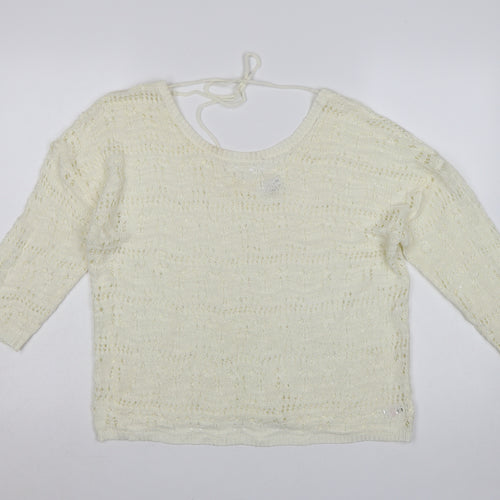 Kaleidoscope Women Ivory Open-Knit 3/4 Sleeve Pullover Jumper Size 14